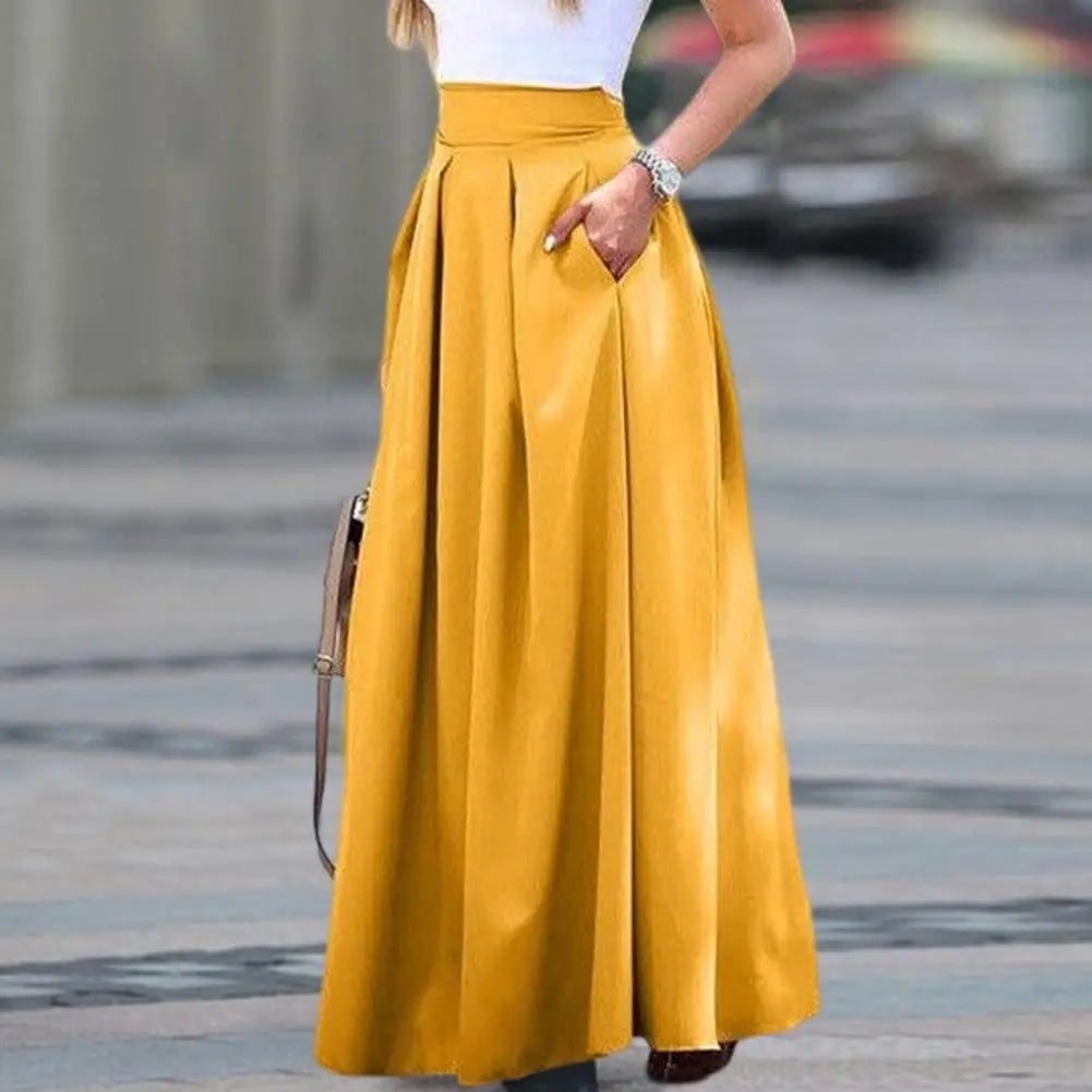 Chic OL Style Friendly to Skin Pleated Women Fall Spring Skirt Pockets Solid Color Women Fall Spring Skirt Women Clothes