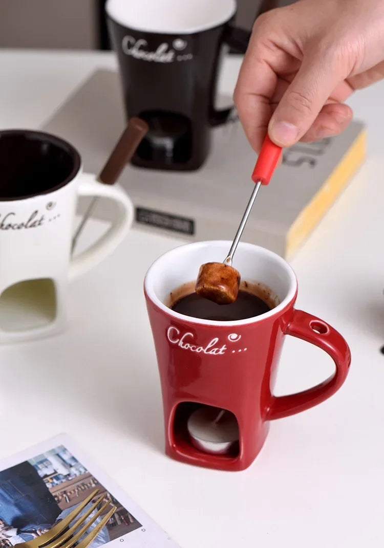 Ceramic Chocolate Cup European Candle Cup Cheese Chocolate Melting Ceramic Mug Heating Food Ceramic Mugwith Fork Creative Mugs