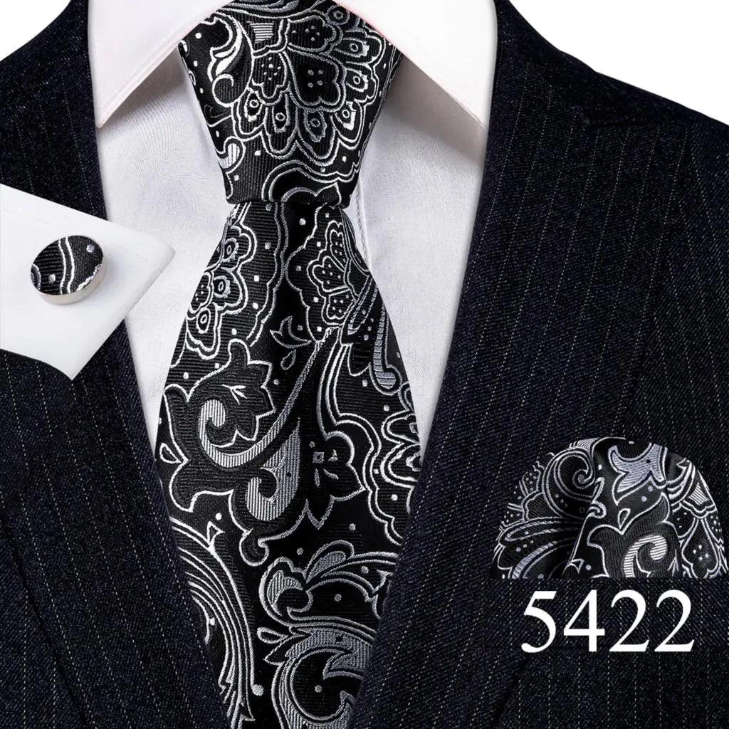 Fashion Mens Ties Set Silk Gray Black Silver White Striped Plaid Solid Paisley Floral Neck Tie Hankderchief Cufflinks Barry·Wang