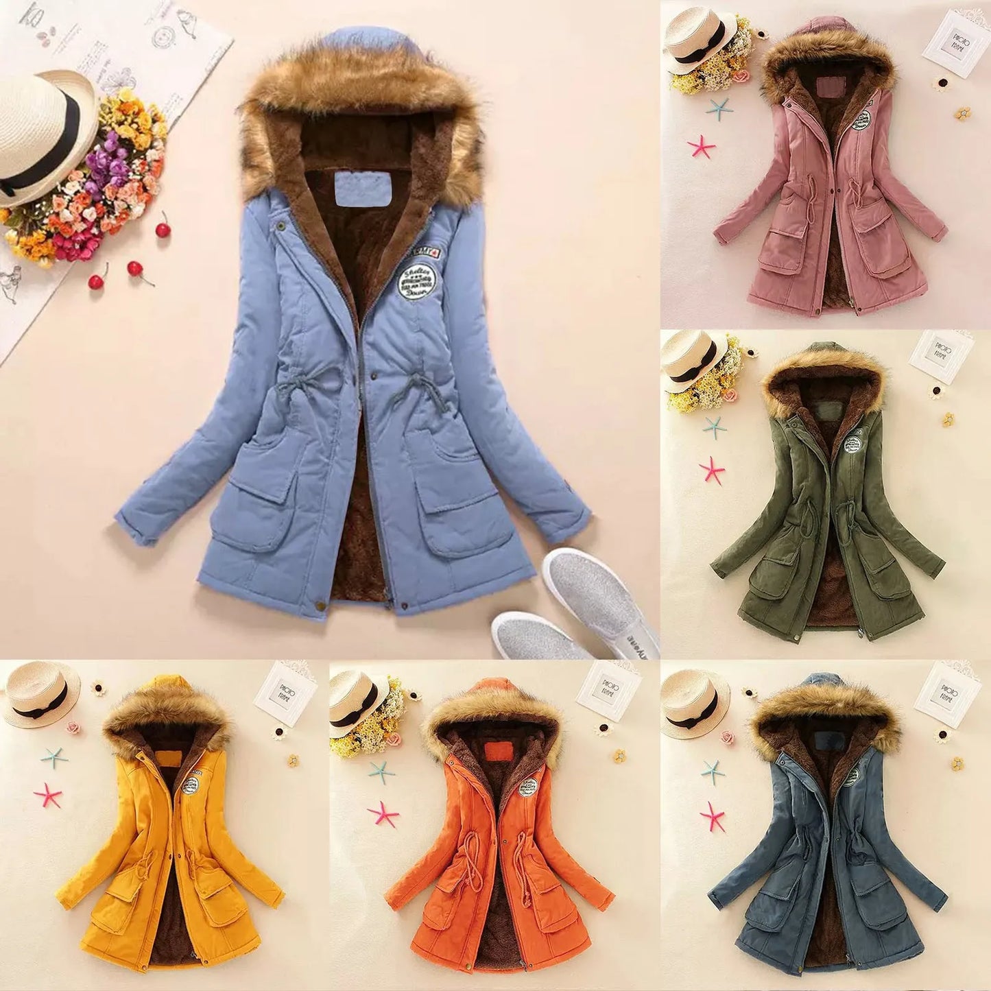 Women Autumn Winter Warm Fur Hooded Parkas Thick Cotton Slim Padded Coat Casual Vintage Streetwear Oversized Overcoat Jackets