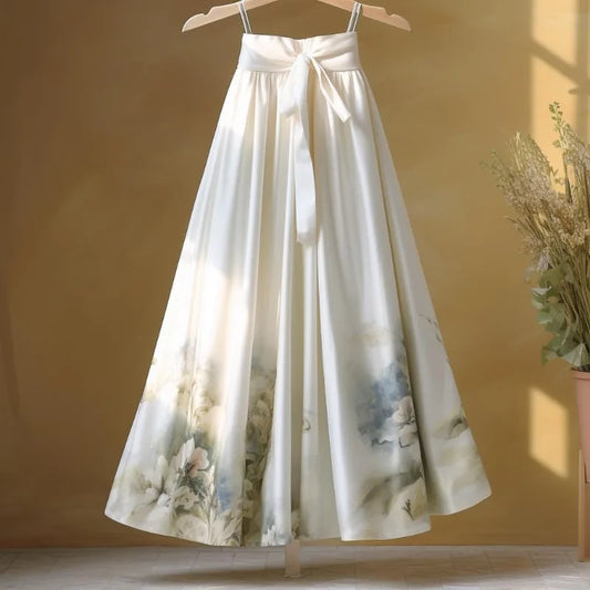2024 Spring/Summer Chinese Style Printing Spliced Sashes Women's High Waist Fashion Building Checked Loose Midi A-line Skirts