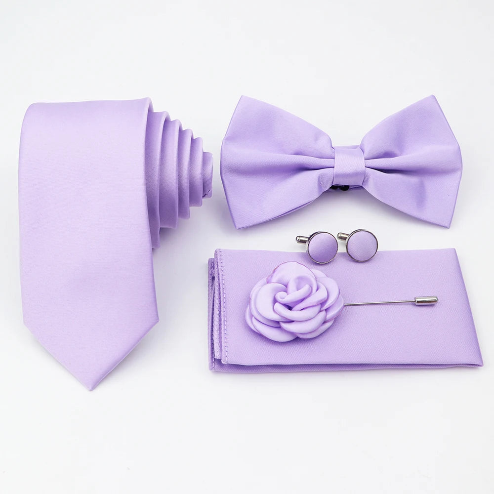 Hot Sale Pink Purple Sage Green Tie Set Polyester Necktie Bowtie Cufflink Brooch For Groom Suit Wedding Cravat Shirt Accessory
