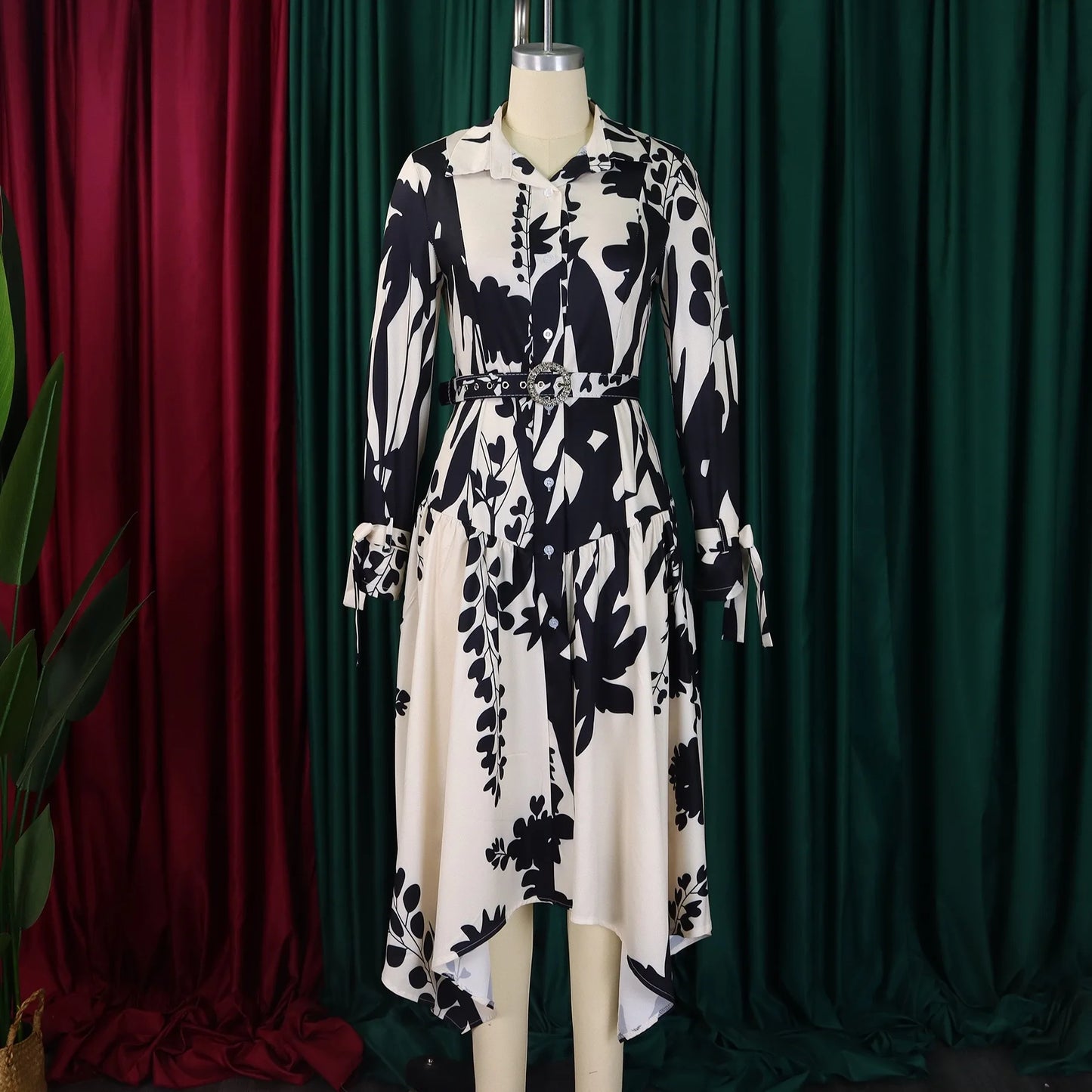 Brand New collections 2024-2025 Elegant Shirts Dresses for Women Printed Turn Down Collar Full Sleeve Belt Waisted Asymmetric Fashion Ladies Birthday Vestidos