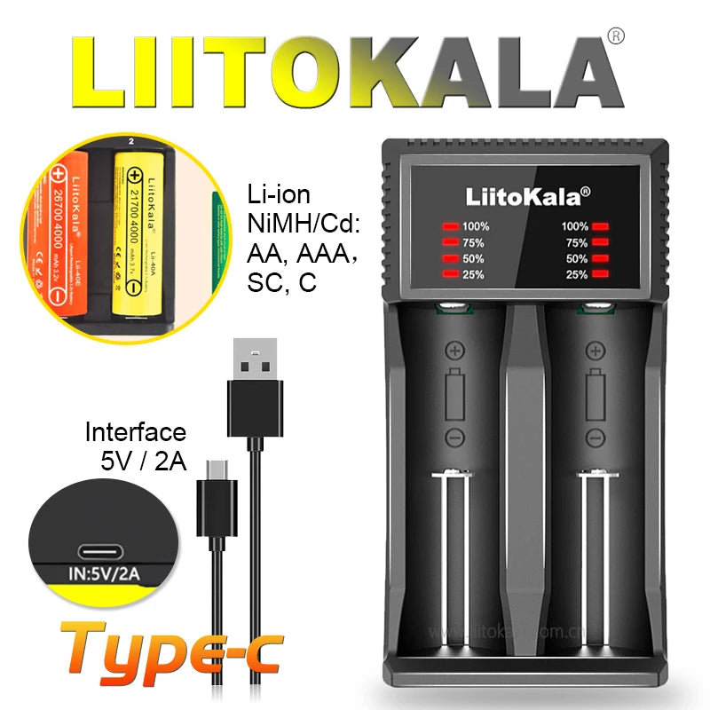 Liitokala Lii-202 18650 1.2V 3.7V 3.2V AA/AAA 26650 10440 16340 21700 20700 14500 18490 NiMH Lithium Battery Smart Charger