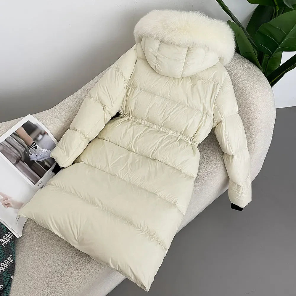 2024 - 2025 Winter New White Duck Down Real Fox Fur Real Raccoon Fur Long Hooded Coat Women Slim Warm Jacket Female Casual Fashion
