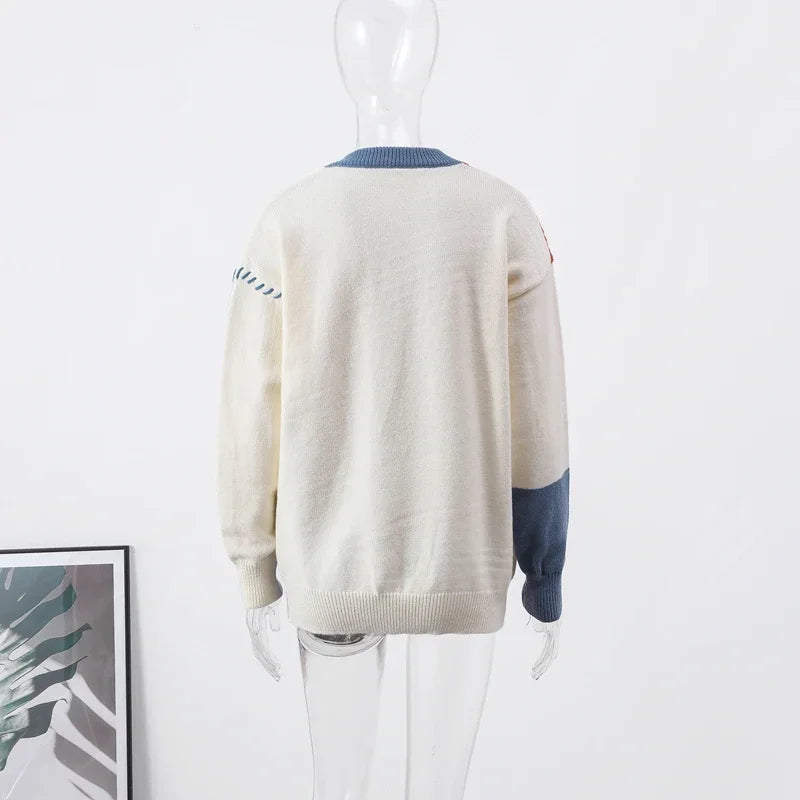 Man Panelled Contrast O neck Sweater 2024-2025 Autumn Winter Vintage Loose Long Sleeves Knitted Pullover Fashion Casual Male Jumper