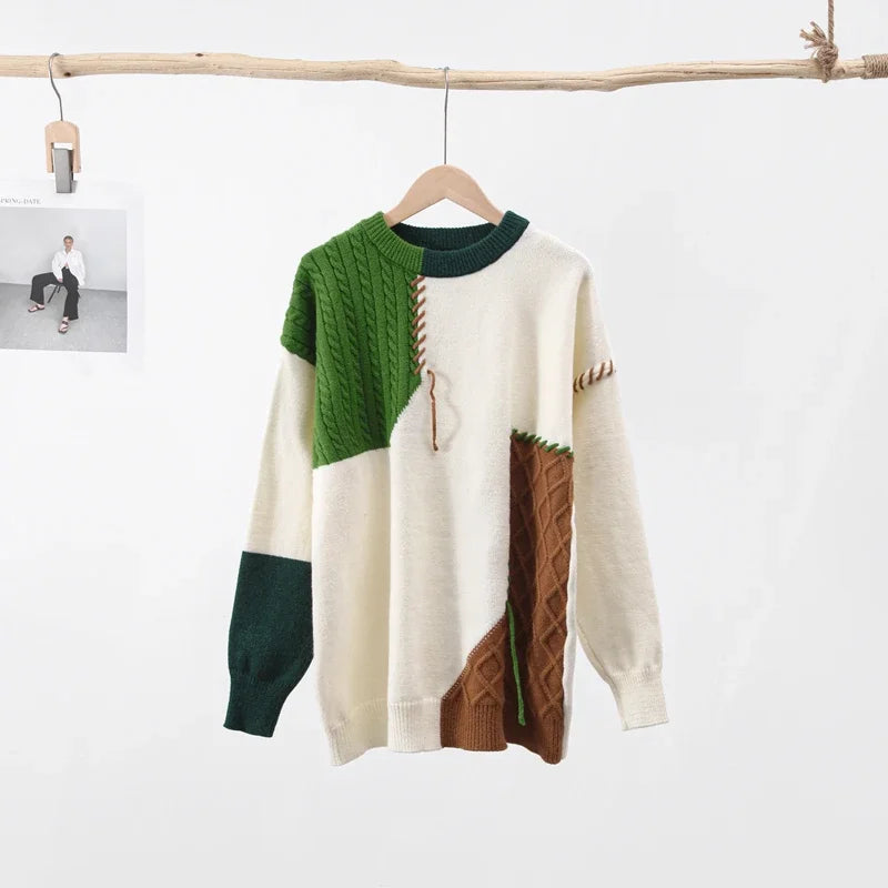 Man Panelled Contrast O neck Sweater 2024-2025 Autumn Winter Vintage Loose Long Sleeves Knitted Pullover Fashion Casual Male Jumper