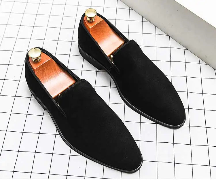 New 2024-2025 Red Sole Loafers Black Wedding Shoes for Men Yellow Flock Round Toe Slip-On Men's Business Dress Shoes Size 38-46