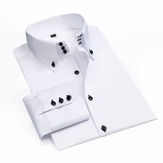 Summer Business Slim Fit White Shirt for Men - British Casual Tooling Style with Three Buttons Men's Long Sleeve Shirts