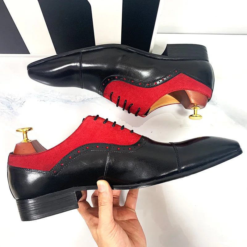 NEW 2024 LUXURY MEN'S OXFORD SHOES LACE UP BLCK MIXED RED SUEDE CASUAL MENS DRESS SHOES REAL LEATHER OFFICE WEDDING SHOES FOR MEN