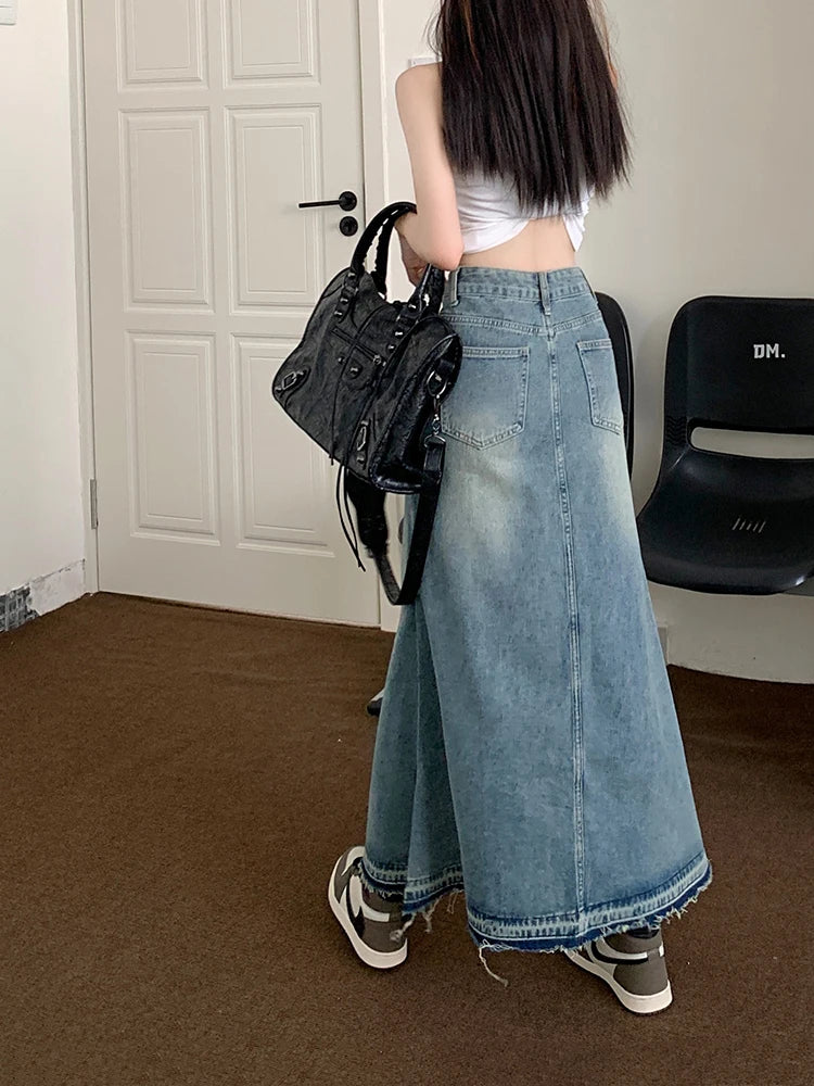 REDDACHiC Y2k Stitch Long Denim Skirt Blue Plain High Waist Midi Maxi Jeans Skirt USA Dongdaemun Women 90s Vintage Streetwear