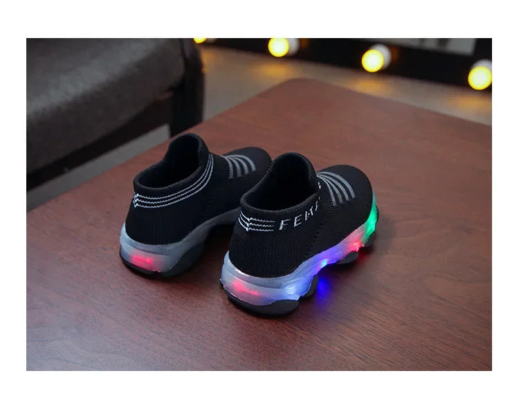 Brand New 2024-2025 Kids Sneakers Children Baby Girls Boys Letter Mesh Led Luminous Socks Sport Run Sneakers Shoes Sapato Infantil Light Up Shoes