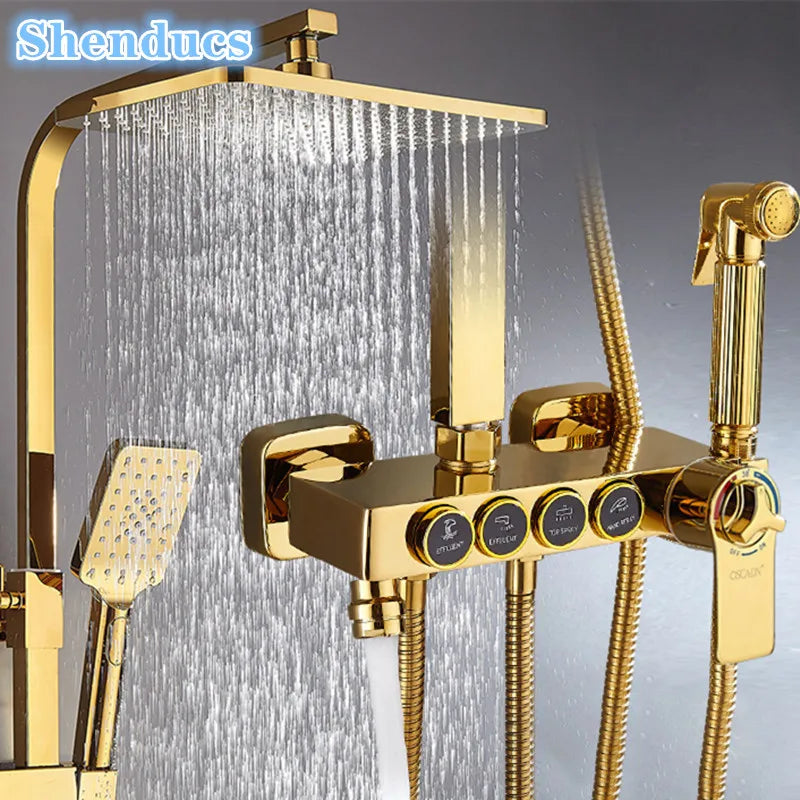 Free Shipping - Brand New 2024-2025 Gold Thermostatic Bathroom Shower Set Hot Cold Bathroom Faucet Accessories 12 Inch Shower Head Golden Bathroom Shower System