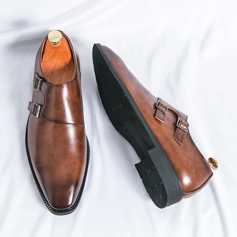 2024-2025 New Leather Shoes for Men Monk Shoes Classic Brown Wedding Shoes for Men Fashion Casual Men Shoes Evening Dress Moccasins