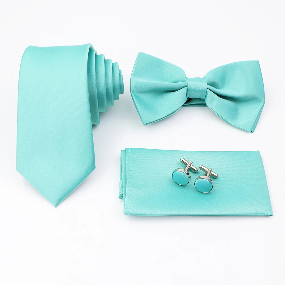 Hot Sale Pink Purple Sage Green Tie Set Polyester Necktie Bowtie Cufflink Brooch For Groom Suit Wedding Cravat Shirt Accessory