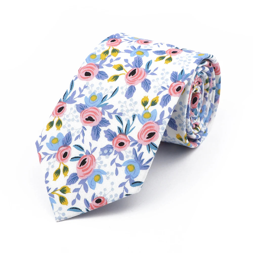 New Chic Floral Tie For Men 2025 100% Cotton Beautiful Elegant Flower Necktie White Blue Narrow Skinny Wedding Casual Cravat