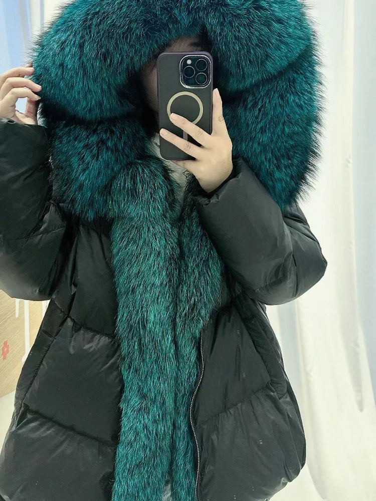 NEW 2024 2025 Women Coat White Duck Down Jacket Super Large Real Silver Fox Fur Collar Hooded New Fashion Outerwear Puffer Jacket New