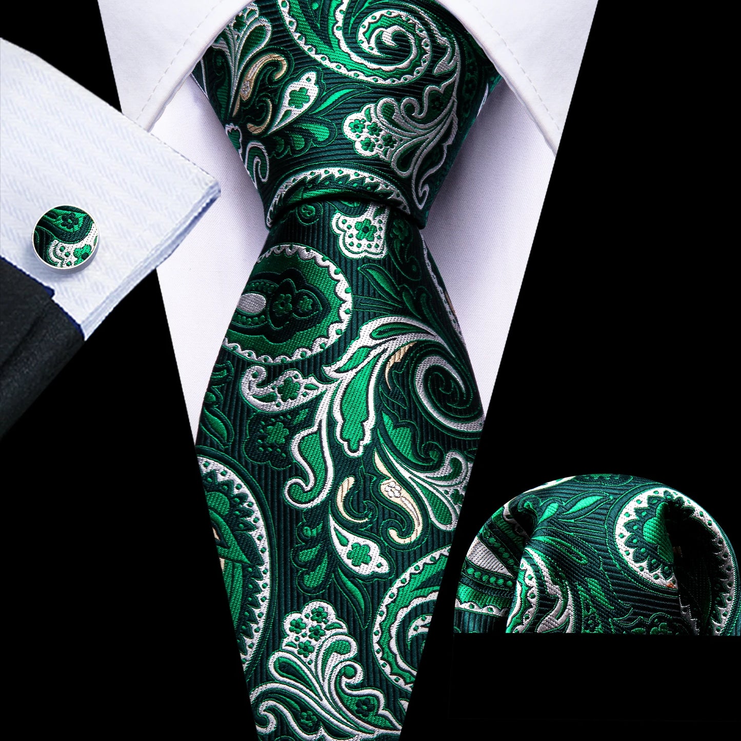 Fashion Silk Men Tie Green Teal Blue Solid Paisley Striped Plaid Floral Animal Necktie Handkerchief Cufflinks Set Barry. For Wedding