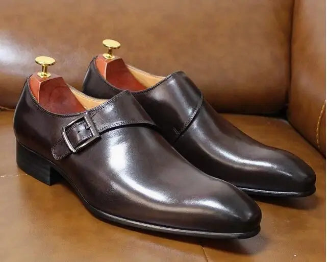 Hot Man Brown Black Genuine Leather Small Square Toe Single Buckle Low Top Bussiness Dress Shoes Male Party Banquet Shoes