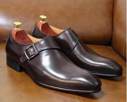 Hot Man Brown Black Genuine Leather Small Square Toe Single Buckle Low Top Bussiness Dress Shoes Male Party Banquet Shoes