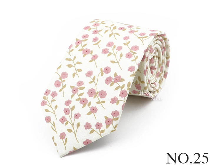 New Chic Floral Tie For Men 2025 100% Cotton Beautiful Elegant Flower Necktie White Blue Narrow Skinny Wedding Casual Cravat