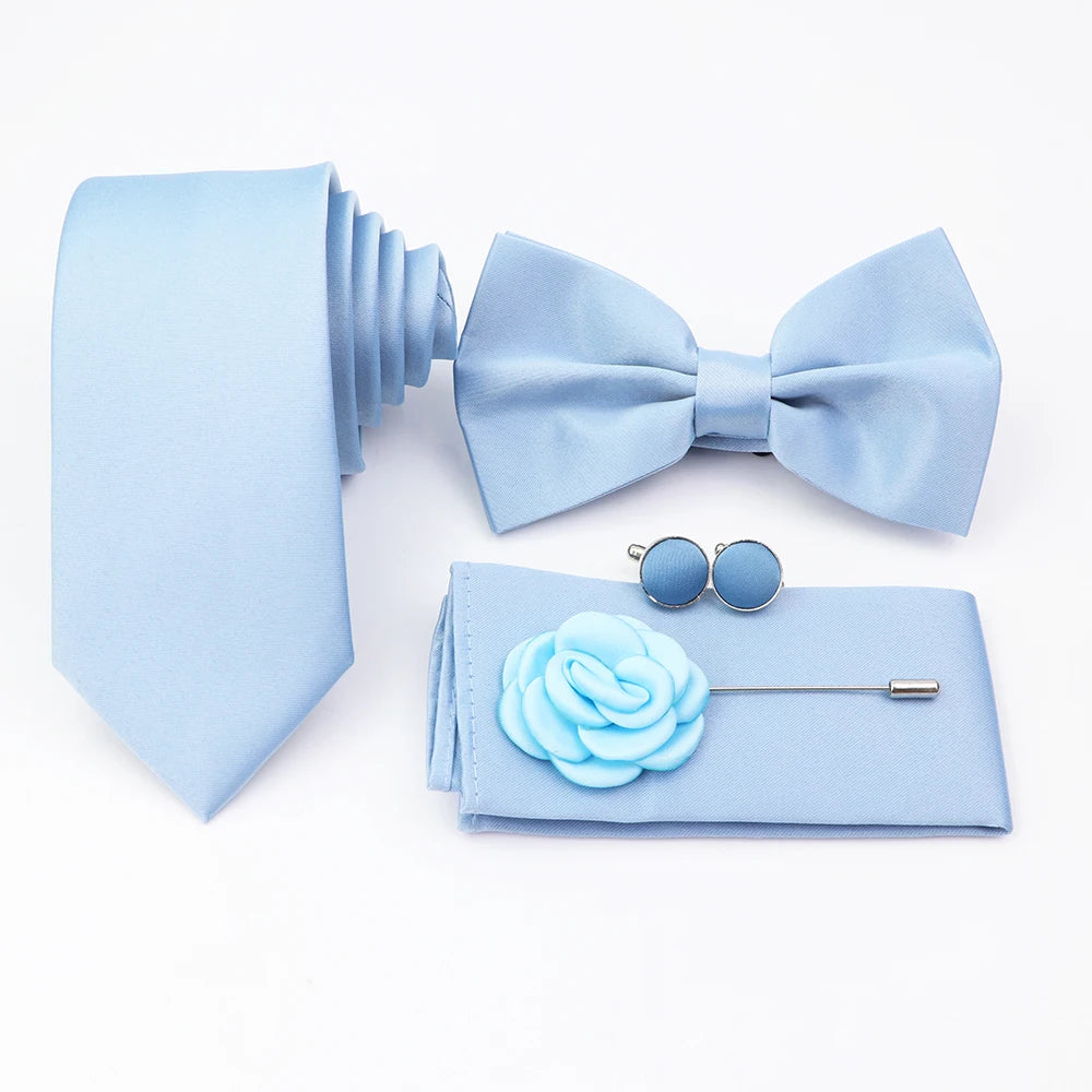 Hot Sale Pink Purple Sage Green Tie Set Polyester Necktie Bowtie Cufflink Brooch For Groom Suit Wedding Cravat Shirt Accessory