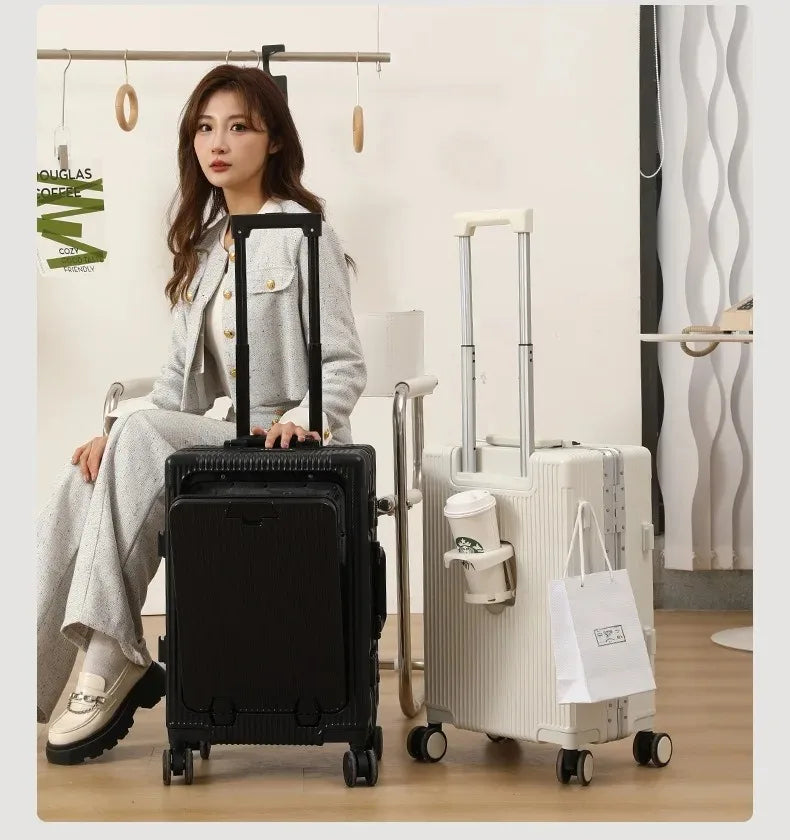 Suitcase Front Opening Pocket Aluminum Alloy Frame Rolling Luggage with USB Charging Plug Trolley Carry-on Case Bag with Wheel