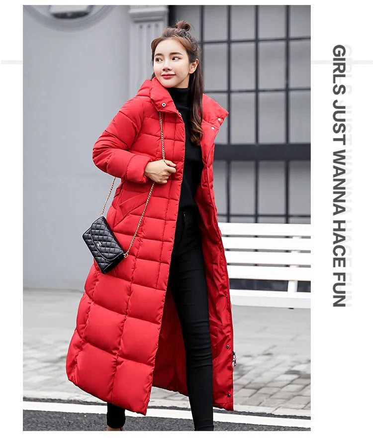 New 2024 - 2025 X-Long Down Jacket Women Casual Thick Warm Padded Coat Winter Loose Solid Hooded Parkas Lady Korean Fashion Solid Long Overcoa