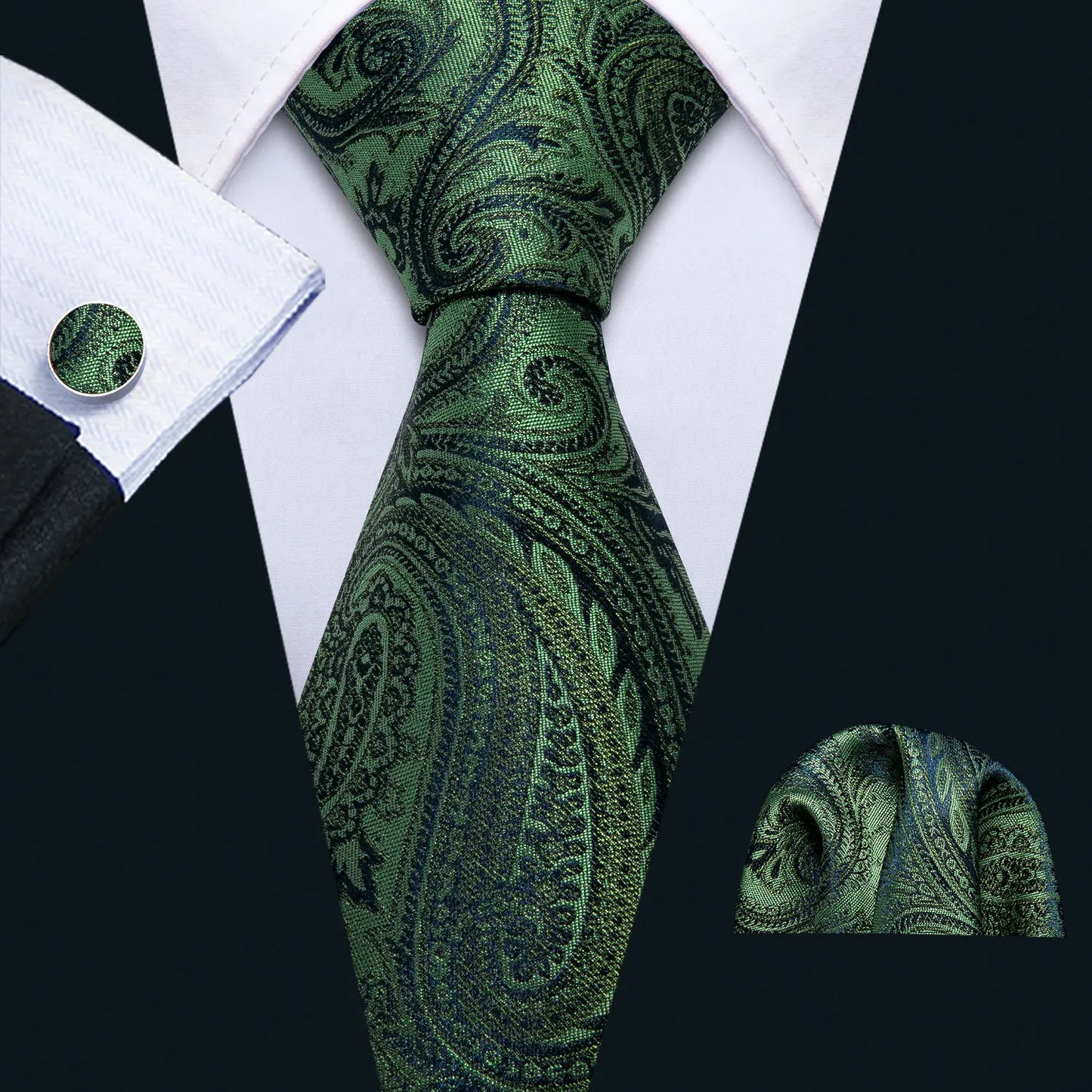 Fashion Silk Men Tie Green Teal Blue Solid Paisley Striped Plaid Floral Animal Necktie Handkerchief Cufflinks Set Barry. For Wedding