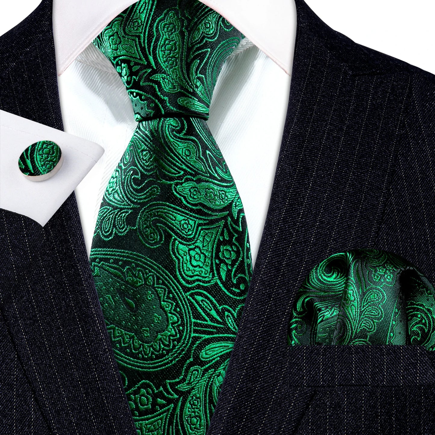 Amazony Epic Green Silk Mens Tie Hanky Cufflinks Set Mint Grass Teal Bottle Sage Pea Green Necktie For Male Wedding Business Party