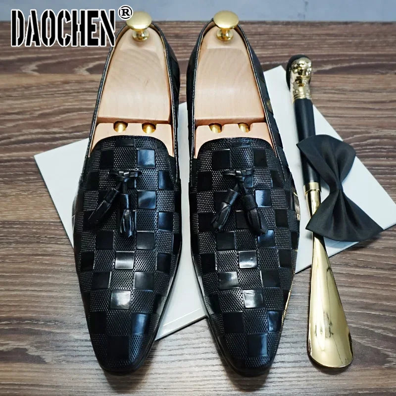 Italian Men Loafers Shoes Black Brown Mens Dress Casual Shoes Plaid Prints Slip On Wedding Office Leather Shoes For Men