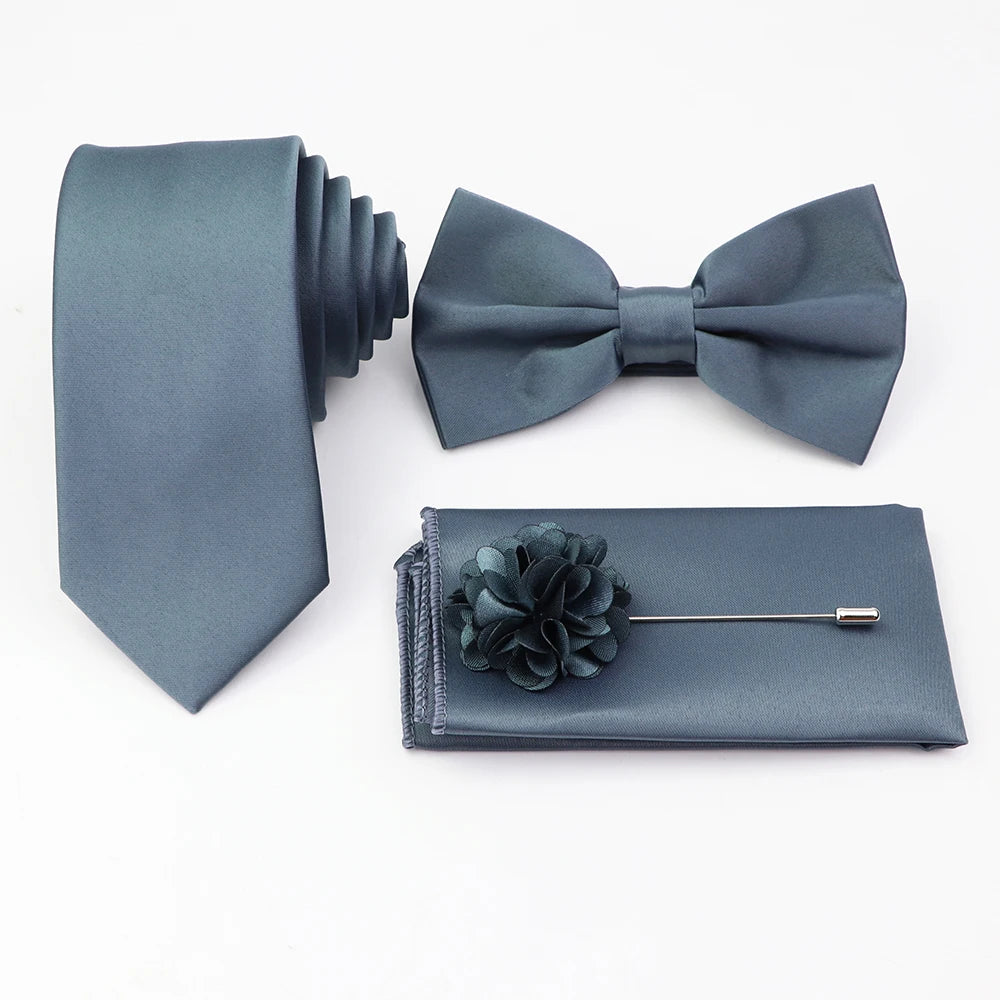 Hot Sale Pink Purple Sage Green Tie Set Polyester Necktie Bowtie Cufflink Brooch For Groom Suit Wedding Cravat Shirt Accessory