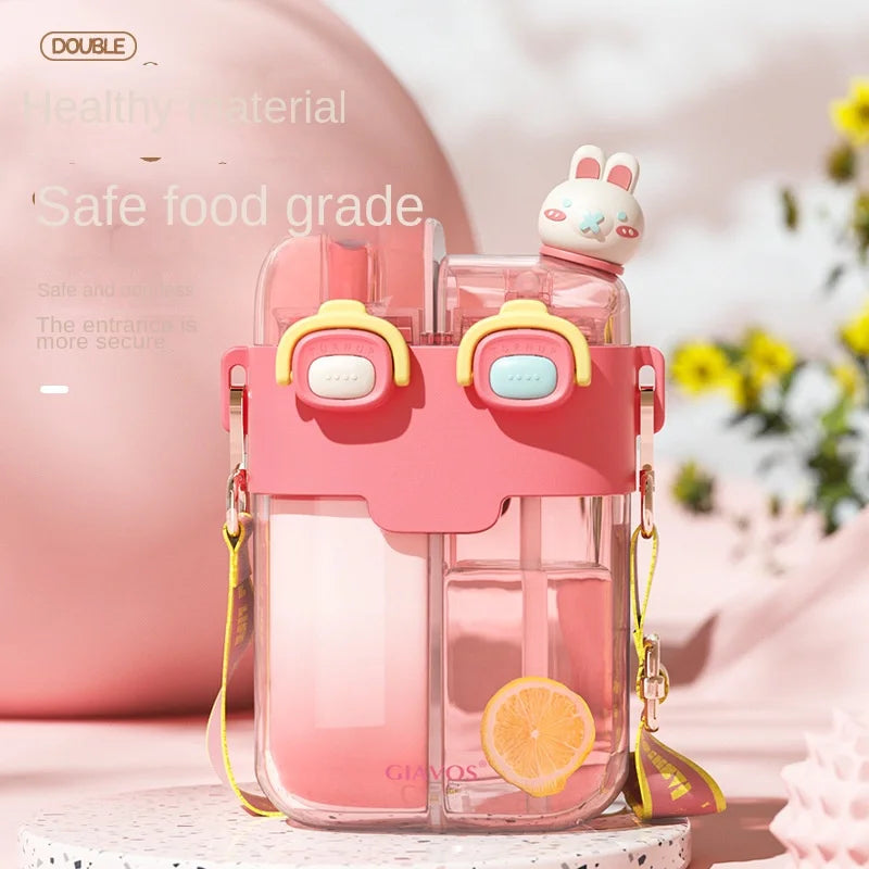 GIAVOS Large Capacity Portable Plastic Cup High Appearance Level Split Storage Cup Children's Water Cup Students with Straw Cup