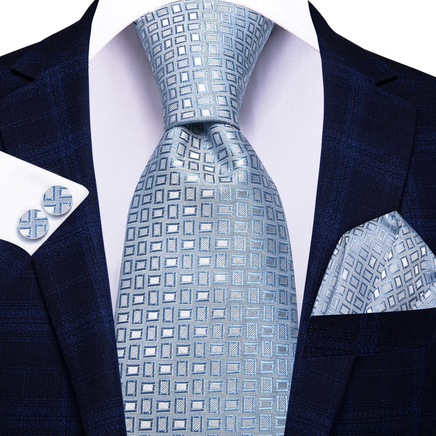 Brand New 2025 Hi-Tie Light Blue Striped Business Mens Tie 8.5cm Jacquard Necktie Accessorie Daily Wear Cravat Wedding Party Hanky Cufflink Set