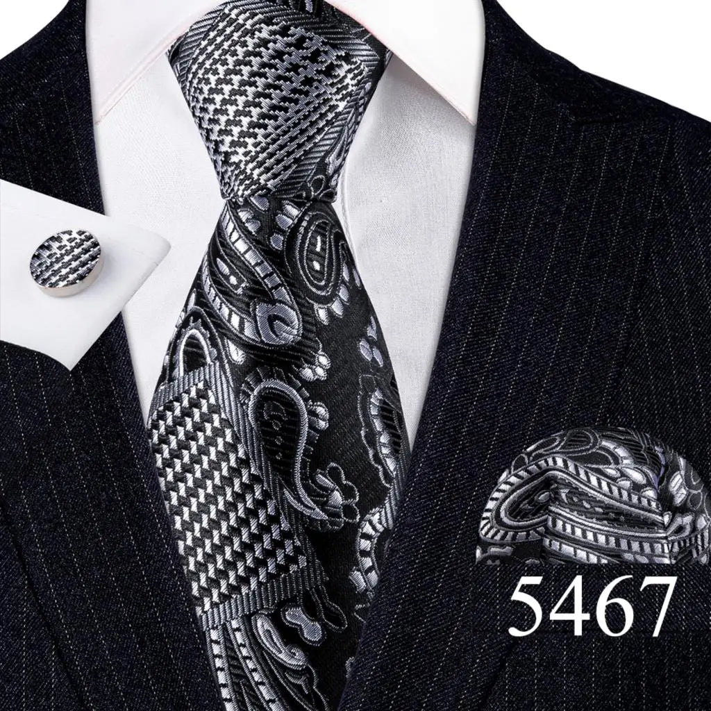 Fashion Mens Ties Set Silk Gray Black Silver White Striped Plaid Solid Paisley Floral Neck Tie Hankderchief Cufflinks Barry·Wang