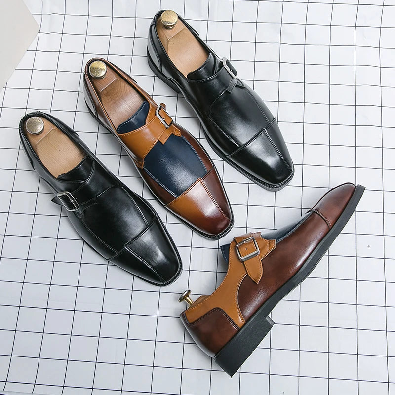 Brand new 2024-2025 Classic Monk Leather Man Shoes Color Block Round-Toe Buckle Business Dress Leather Shoes Man Casual Wedding Party Shoes For Man