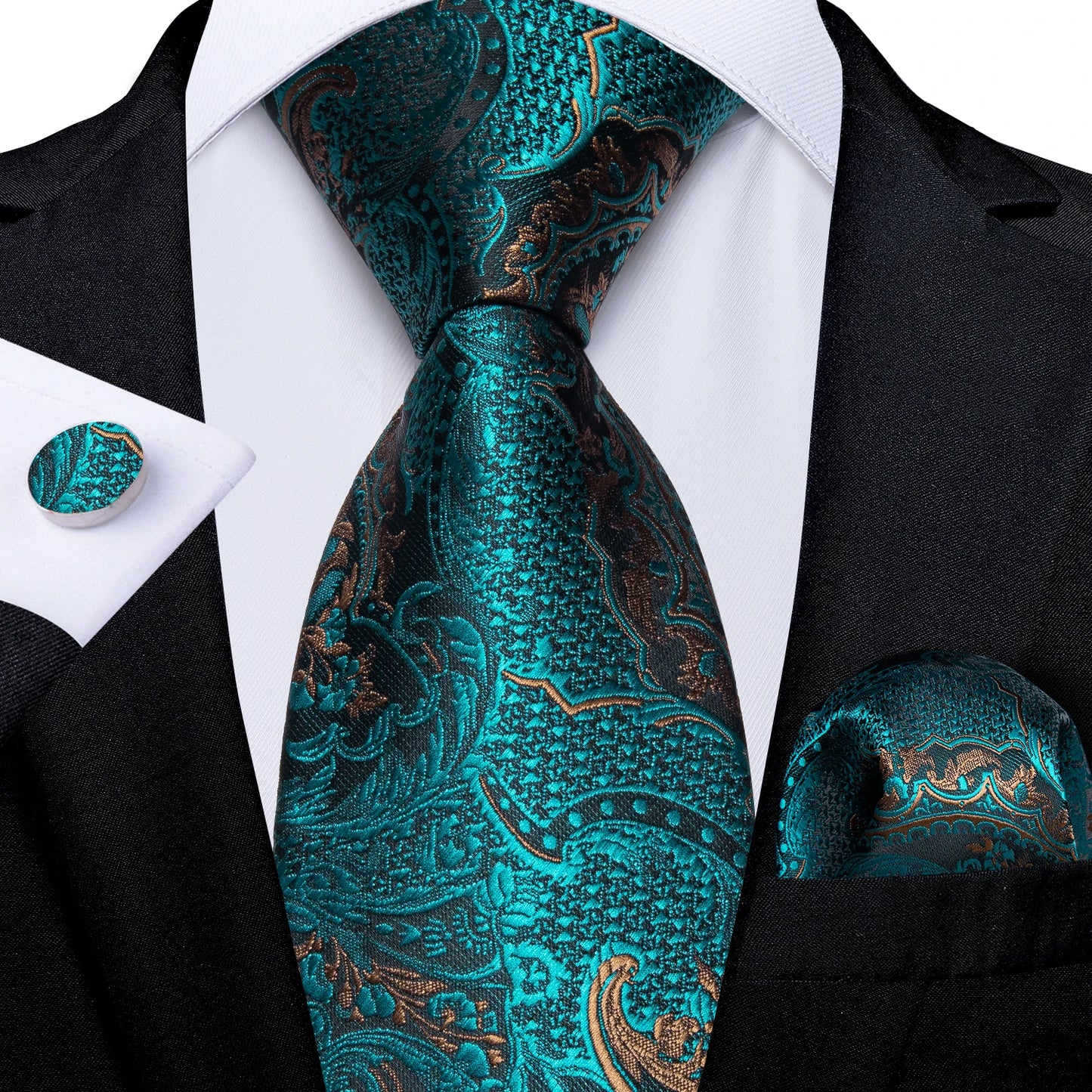 DiBanGu Mens Necktie Teal Green Blue Solid Design Silk Wedding Tie For Men Hanky Cufflinks Tie Set Fashion Bussiness Party