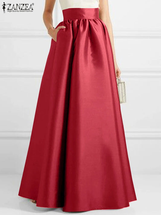 Summer 2024 High Waist Solid A-line Maxi Skirt ZANZEA Fashion Women Party Long Skirts Casual Jupe Elegant OL Work Satin Faldas Saia