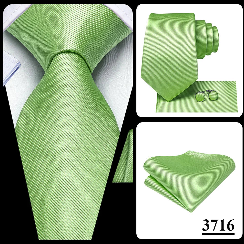 Hi-Tie Solid Green Orange Mens Fashion Necktie Handkerchief Cufflinks for Tuxedo Accessory Classic Silk Luxury Tie for Man Gift