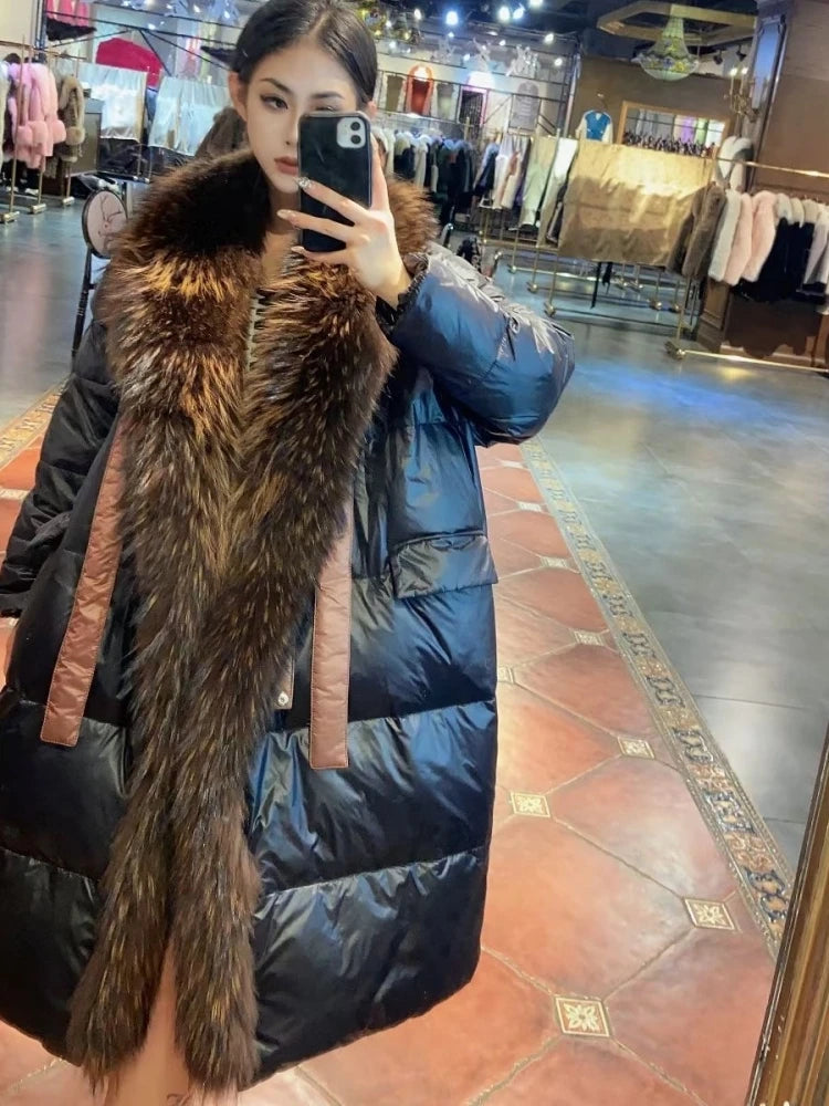 2024 - 2025  New Natural Real Fox Fur Long White Duck Down Jacket Winter Women Warm Loose Coat Thick Outerwear Streetwear
