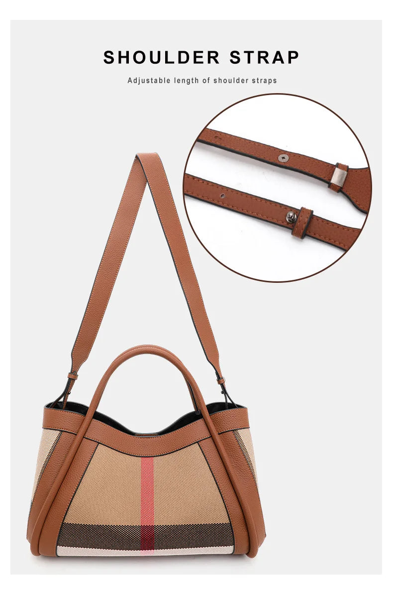 NEW 2024-2025 New Retro Checkered Women's Handbag Fashionable and Advanced Large Capacity Canvas with Cowhide Mother and Child Bag