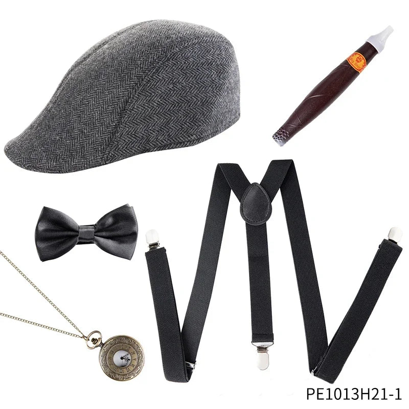 The Great Gatsby Cosplay Costume 1920s Mens Gangster Accessories Set Newsboy Hat Suspenders Armbands Tied Bowtie Drop Shipping30