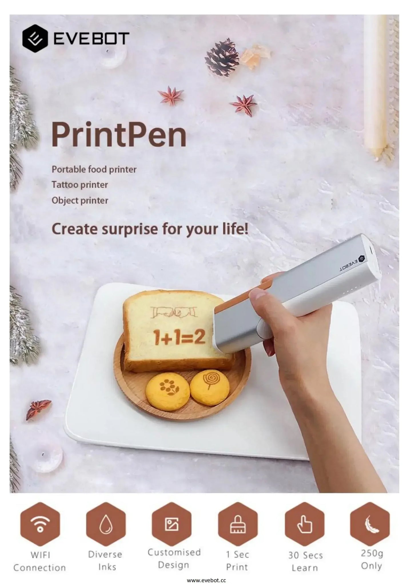 EVEBOT Food Inkjet Printer Handheld DIY Printpen With Auxiliary Ruler Print Size 26*1000 MM Custom Printing for Cafes Bakeries