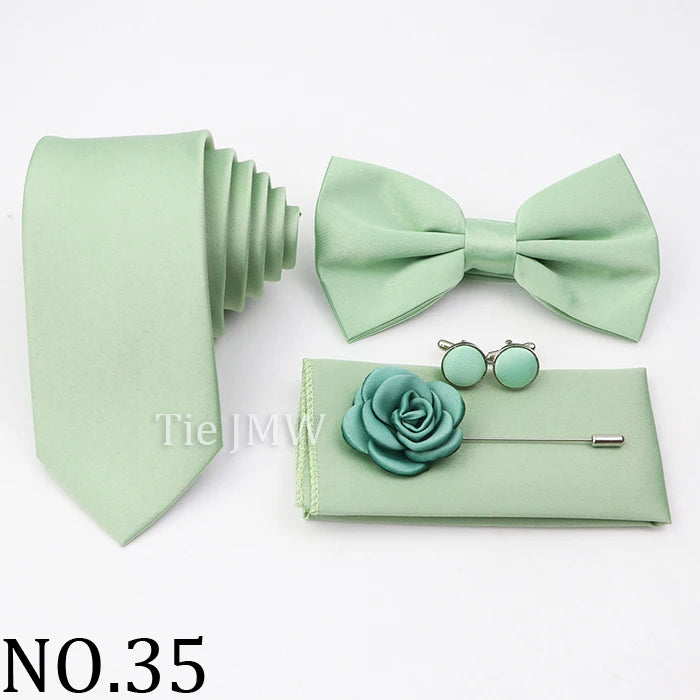 Hot Sale Pink Purple Sage Green Tie Set Polyester Necktie Bowtie Cufflink Brooch For Groom Suit Wedding Cravat Shirt Accessory