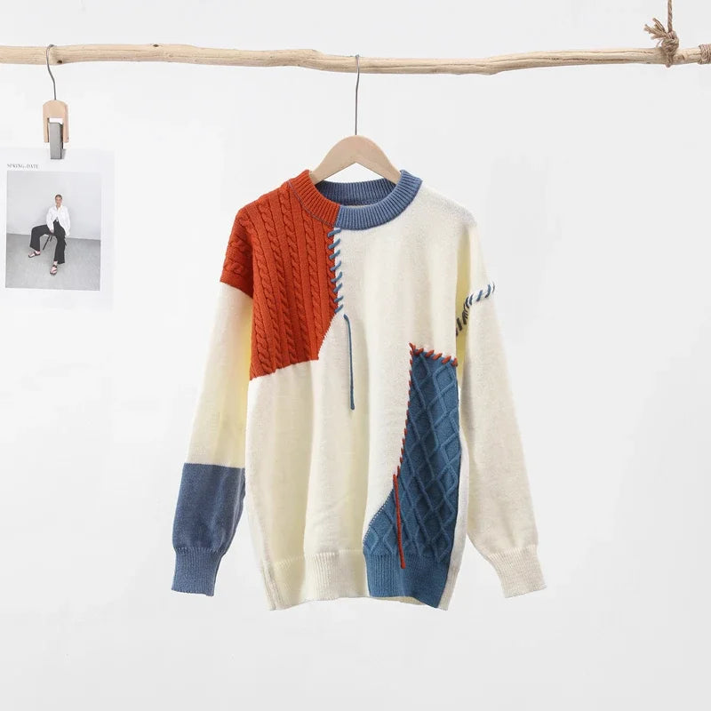 Man Panelled Contrast O neck Sweater 2024-2025 Autumn Winter Vintage Loose Long Sleeves Knitted Pullover Fashion Casual Male Jumper