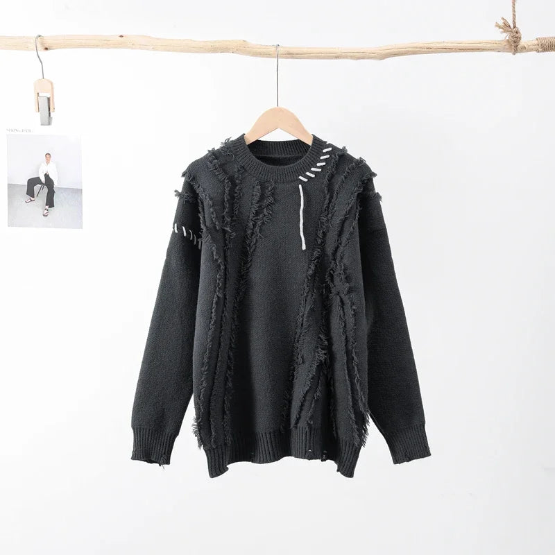 Man Panelled Contrast O neck Sweater 2024-2025 Autumn Winter Vintage Loose Long Sleeves Knitted Pullover Fashion Casual Male Jumper