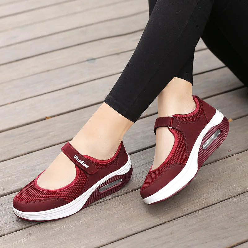 New Women Tennis Shoes New Hook Loop Air Cushion Shoe Non-slip Sole Breathable Female Casual Increase Footwear Outdoor Walk Sneakers