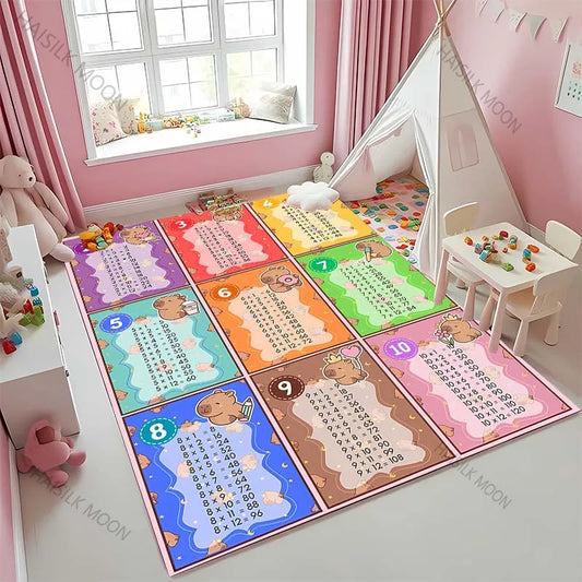 1PC Cute Capibara Pattern Multiplication Table 1 To 12 Carpets, Rugs for Home Kids Room, Early Childhood Education Non-slip Mat