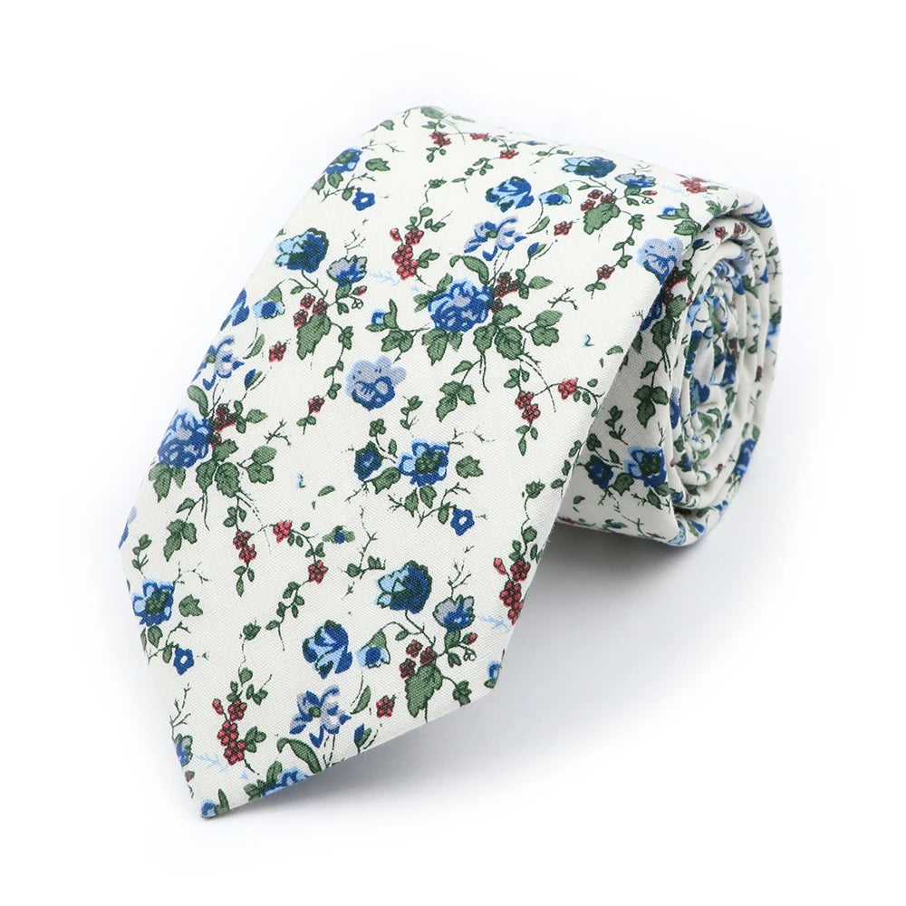 New Chic Floral Tie For Men 2025 100% Cotton Beautiful Elegant Flower Necktie White Blue Narrow Skinny Wedding Casual Cravat