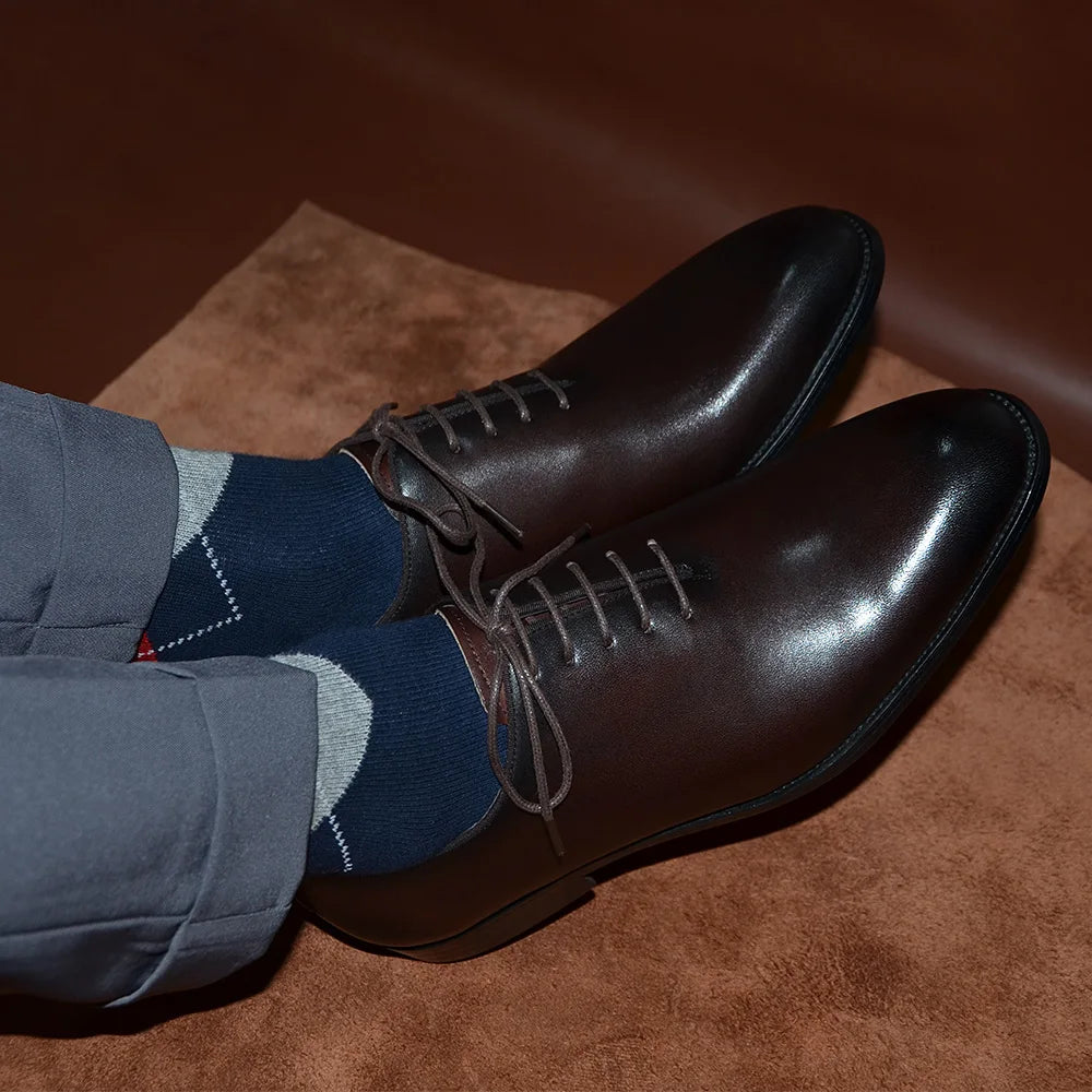 Brand Designer Whole Cut Oxford Dress Shoes Men Genuine Leather Handmade Lace Up Plain Toe Business Office Formal Wedding Shoe